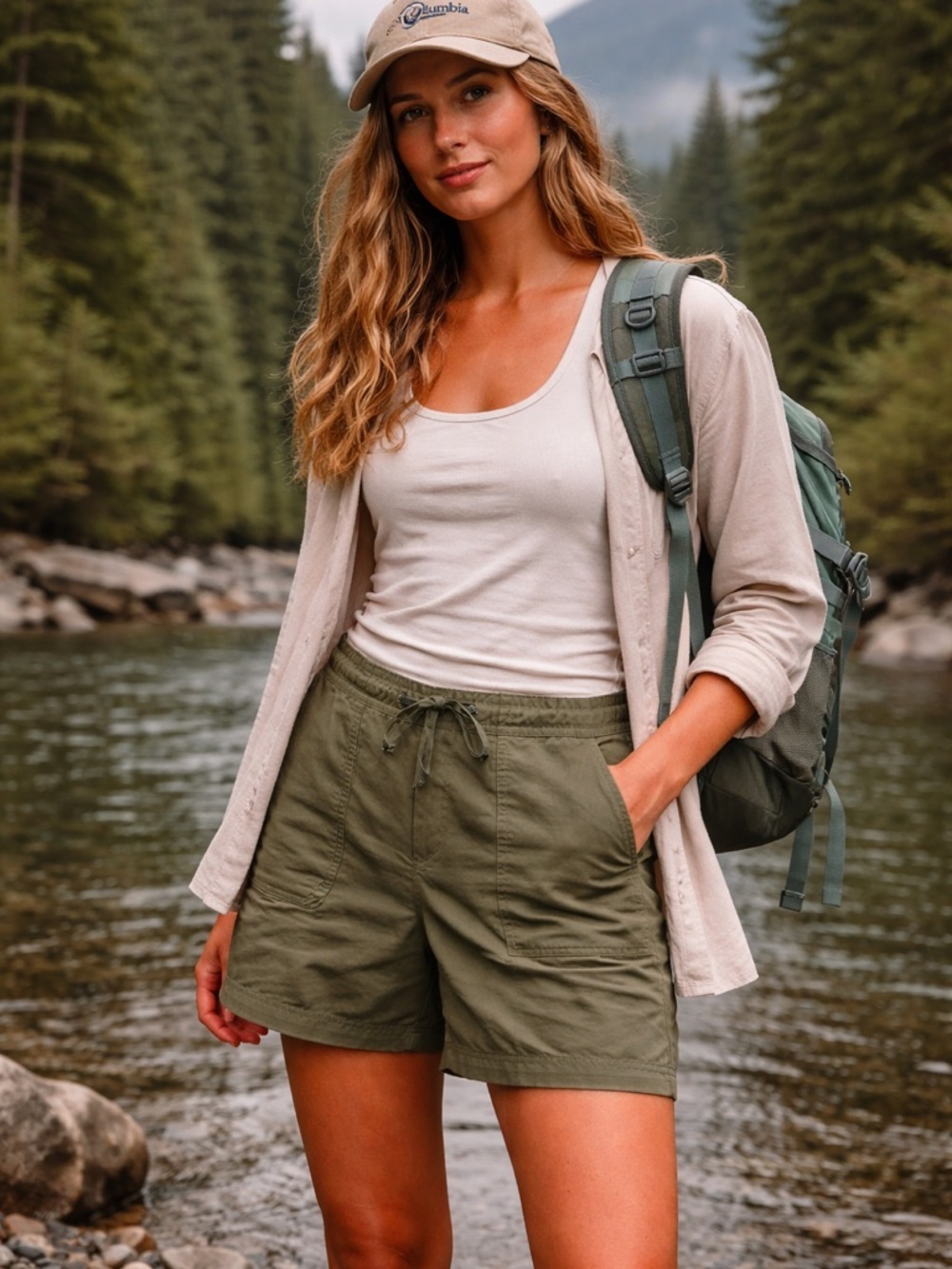 Columbia Olive Green Hiking Shorts Women’s L Drawstring Outdoor Utility